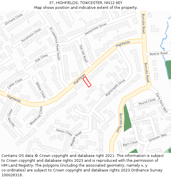 37, HIGHFIELDS, TOWCESTER, NN12 6EY: Location map and indicative extent of plot