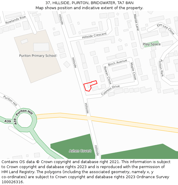 37, HILLSIDE, PURITON, BRIDGWATER, TA7 8AN: Location map and indicative extent of plot