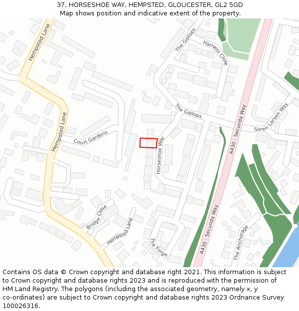 37, HORSESHOE WAY, HEMPSTED, GLOUCESTER, GL2 5GD: Location map and indicative extent of plot