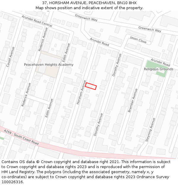 37, HORSHAM AVENUE, PEACEHAVEN, BN10 8HX: Location map and indicative extent of plot