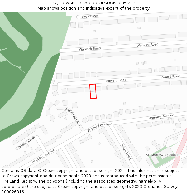 37, HOWARD ROAD, COULSDON, CR5 2EB: Location map and indicative extent of plot