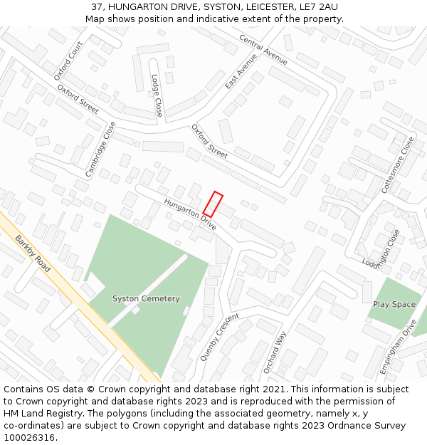 37, HUNGARTON DRIVE, SYSTON, LEICESTER, LE7 2AU: Location map and indicative extent of plot