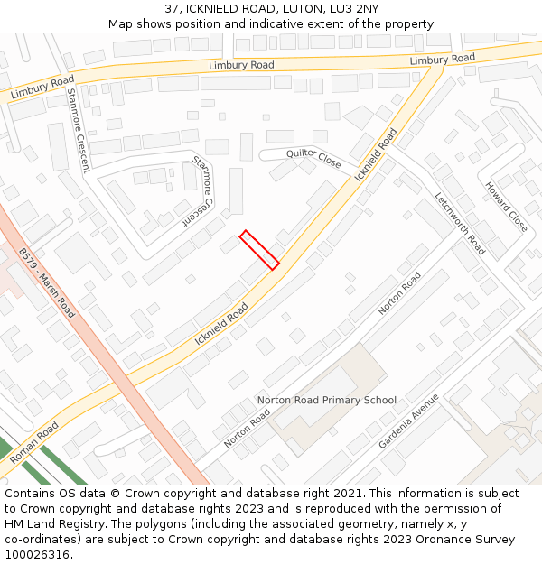 37, ICKNIELD ROAD, LUTON, LU3 2NY: Location map and indicative extent of plot