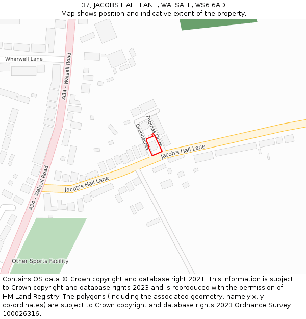 37, JACOBS HALL LANE, WALSALL, WS6 6AD: Location map and indicative extent of plot