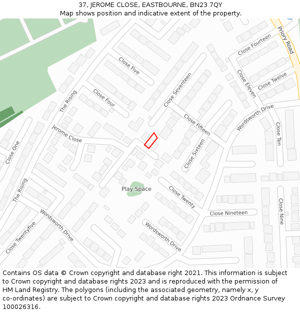 37, JEROME CLOSE, EASTBOURNE, BN23 7QY: Location map and indicative extent of plot