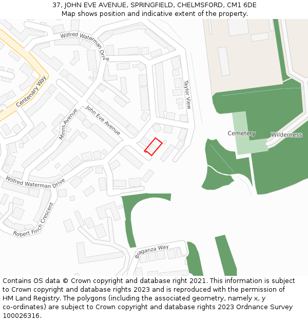 37, JOHN EVE AVENUE, SPRINGFIELD, CHELMSFORD, CM1 6DE: Location map and indicative extent of plot