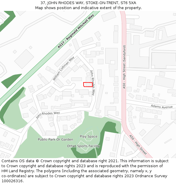 37, JOHN RHODES WAY, STOKE-ON-TRENT, ST6 5XA: Location map and indicative extent of plot