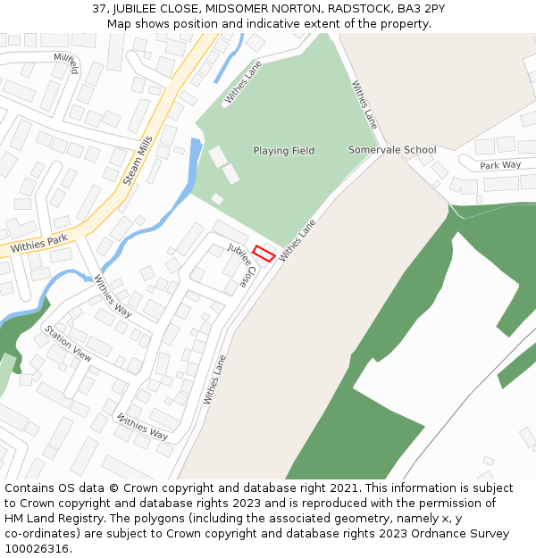 37, JUBILEE CLOSE, MIDSOMER NORTON, RADSTOCK, BA3 2PY: Location map and indicative extent of plot