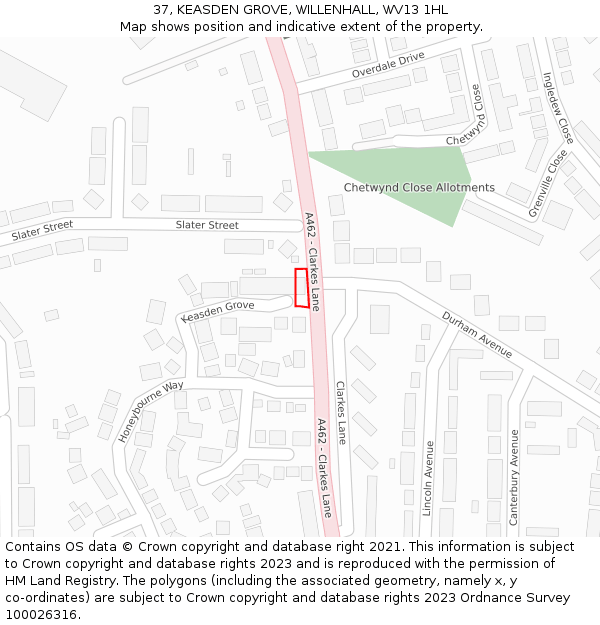 37, KEASDEN GROVE, WILLENHALL, WV13 1HL: Location map and indicative extent of plot