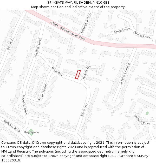 37, KEATS WAY, RUSHDEN, NN10 6EE: Location map and indicative extent of plot