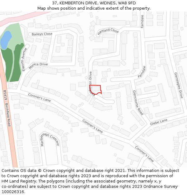 37, KEMBERTON DRIVE, WIDNES, WA8 9FD: Location map and indicative extent of plot