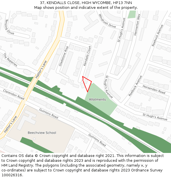 37, KENDALLS CLOSE, HIGH WYCOMBE, HP13 7NN: Location map and indicative extent of plot