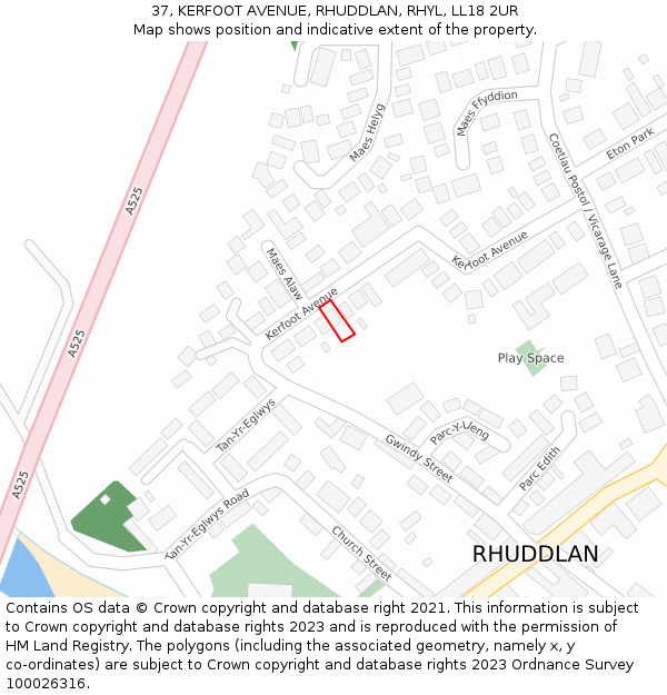 37, KERFOOT AVENUE, RHUDDLAN, RHYL, LL18 2UR: Location map and indicative extent of plot