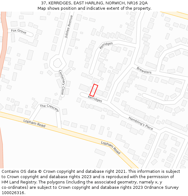 37, KERRIDGES, EAST HARLING, NORWICH, NR16 2QA: Location map and indicative extent of plot