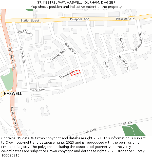37, KESTREL WAY, HASWELL, DURHAM, DH6 2BF: Location map and indicative extent of plot