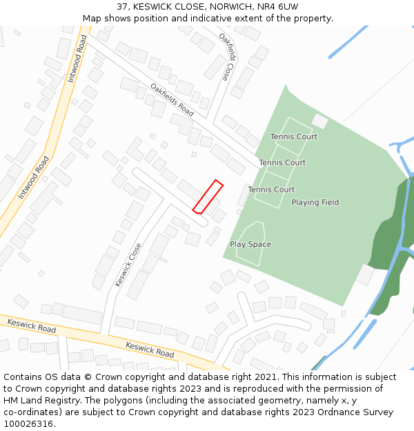 37, KESWICK CLOSE, NORWICH, NR4 6UW: Location map and indicative extent of plot