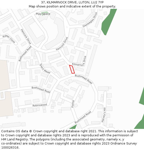 37, KILMARNOCK DRIVE, LUTON, LU2 7YP: Location map and indicative extent of plot