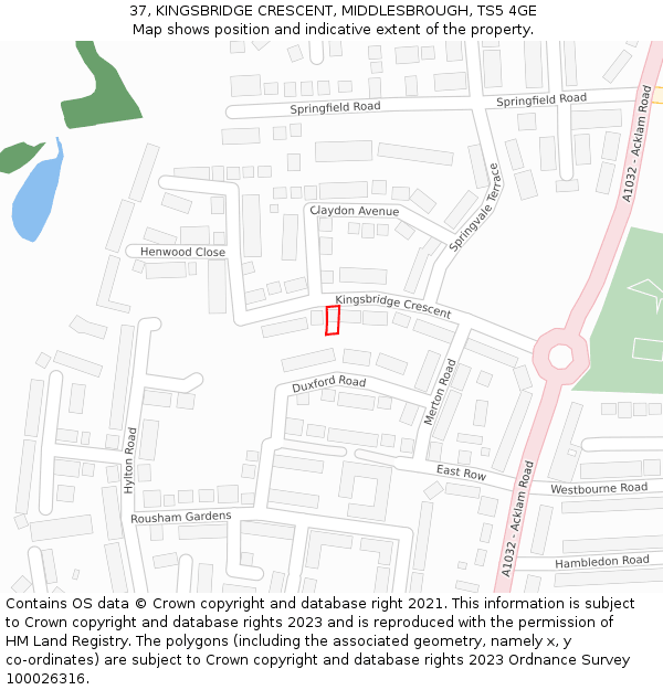37, KINGSBRIDGE CRESCENT, MIDDLESBROUGH, TS5 4GE: Location map and indicative extent of plot