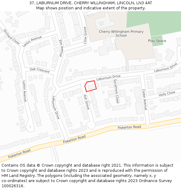 37, LABURNUM DRIVE, CHERRY WILLINGHAM, LINCOLN, LN3 4AT: Location map and indicative extent of plot