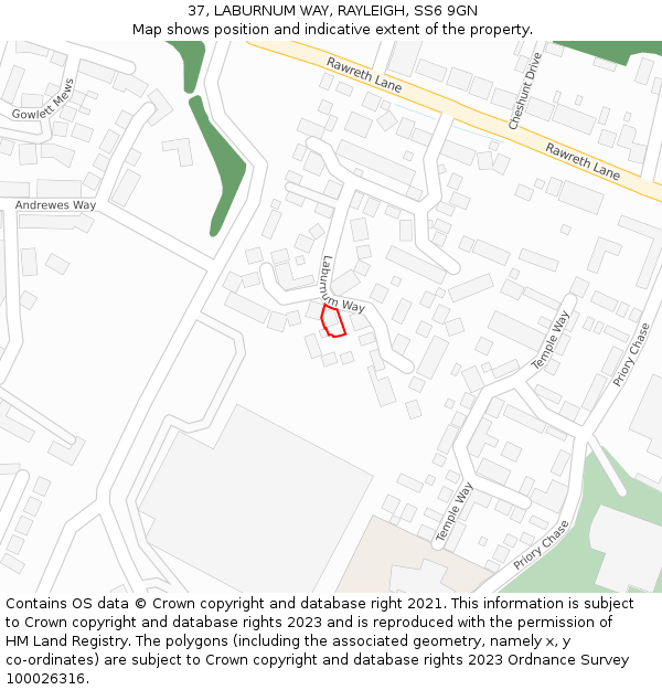 37, LABURNUM WAY, RAYLEIGH, SS6 9GN: Location map and indicative extent of plot
