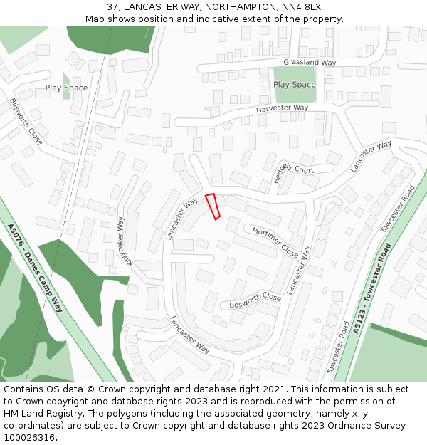 37, LANCASTER WAY, NORTHAMPTON, NN4 8LX: Location map and indicative extent of plot