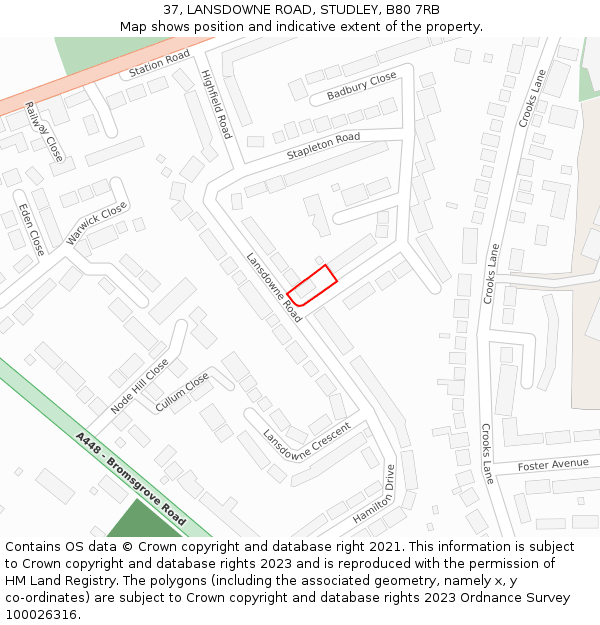 37, LANSDOWNE ROAD, STUDLEY, B80 7RB: Location map and indicative extent of plot
