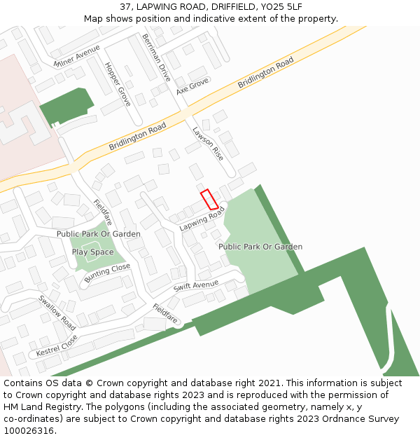 37, LAPWING ROAD, DRIFFIELD, YO25 5LF: Location map and indicative extent of plot