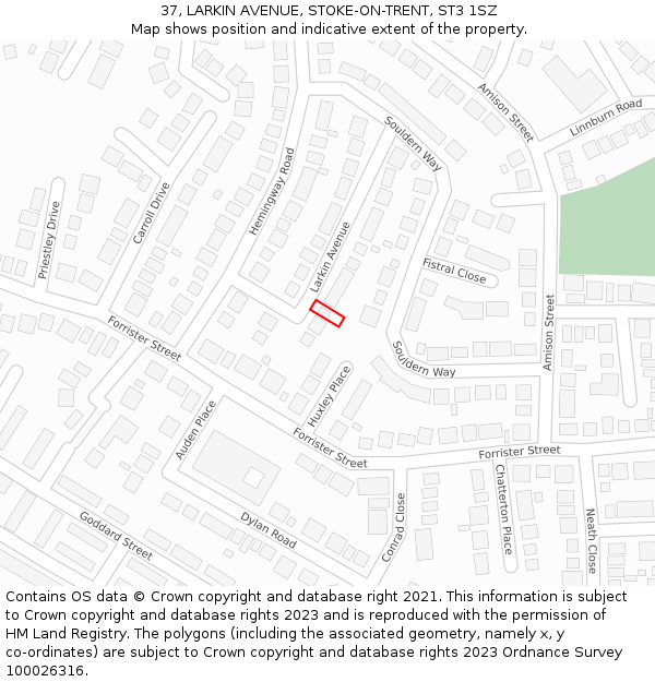 37, LARKIN AVENUE, STOKE-ON-TRENT, ST3 1SZ: Location map and indicative extent of plot