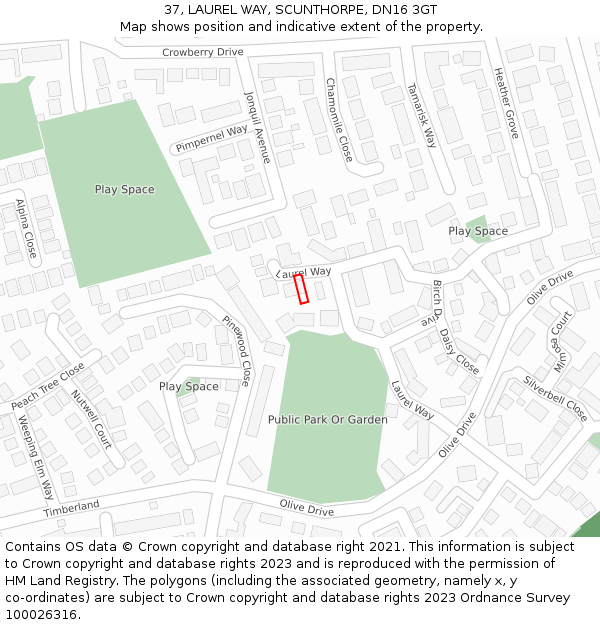 37, LAUREL WAY, SCUNTHORPE, DN16 3GT: Location map and indicative extent of plot