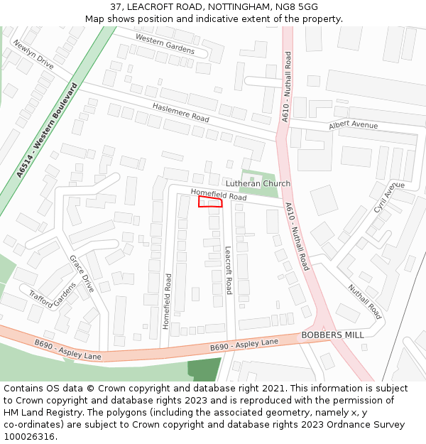 37, LEACROFT ROAD, NOTTINGHAM, NG8 5GG: Location map and indicative extent of plot
