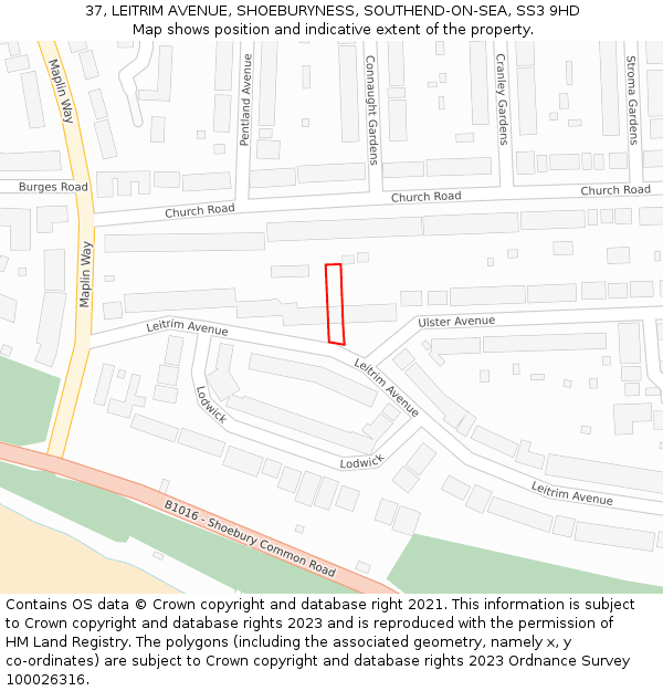 37, LEITRIM AVENUE, SHOEBURYNESS, SOUTHEND-ON-SEA, SS3 9HD: Location map and indicative extent of plot