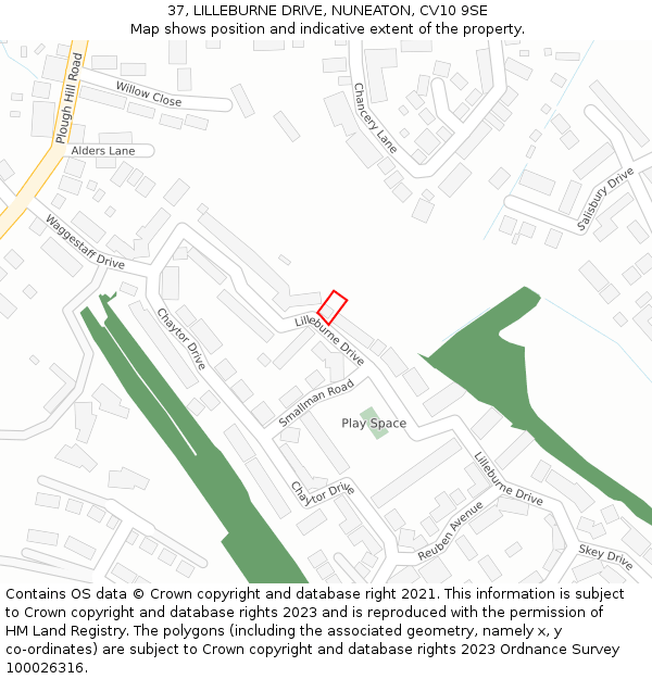 37, LILLEBURNE DRIVE, NUNEATON, CV10 9SE: Location map and indicative extent of plot