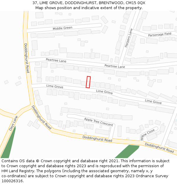37, LIME GROVE, DODDINGHURST, BRENTWOOD, CM15 0QX: Location map and indicative extent of plot