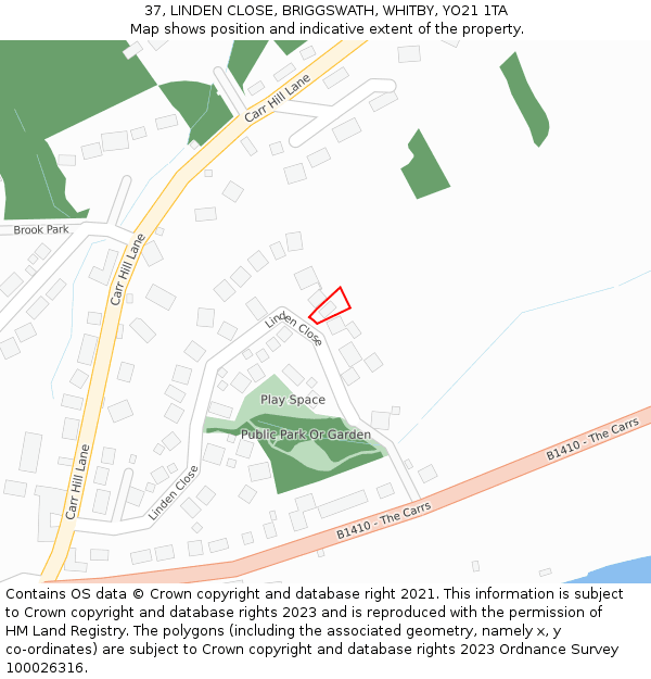 37, LINDEN CLOSE, BRIGGSWATH, WHITBY, YO21 1TA: Location map and indicative extent of plot