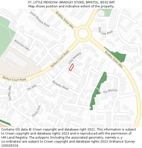 37, LITTLE MEADOW, BRADLEY STOKE, BRISTOL, BS32 8AT: Location map and indicative extent of plot