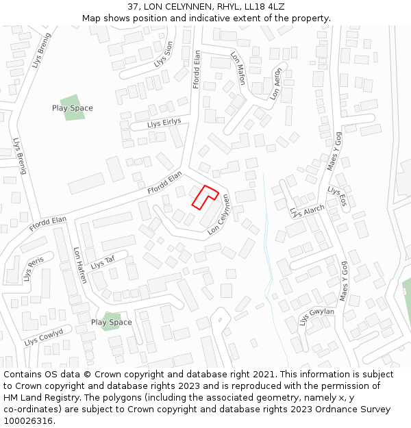 37, LON CELYNNEN, RHYL, LL18 4LZ: Location map and indicative extent of plot