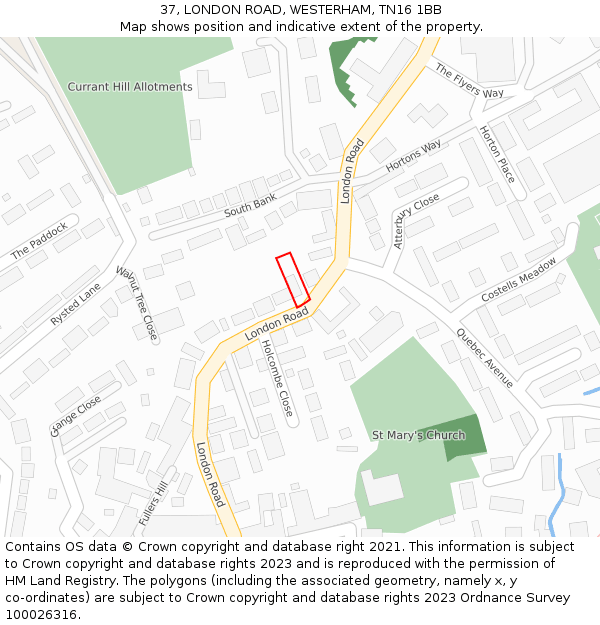 37, LONDON ROAD, WESTERHAM, TN16 1BB: Location map and indicative extent of plot