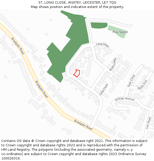37, LONG CLOSE, ANSTEY, LEICESTER, LE7 7QG: Location map and indicative extent of plot
