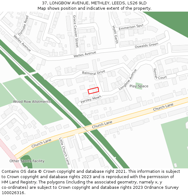37, LONGBOW AVENUE, METHLEY, LEEDS, LS26 9LD: Location map and indicative extent of plot