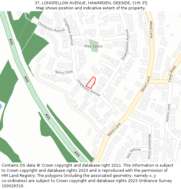 37, LONGFELLOW AVENUE, HAWARDEN, DEESIDE, CH5 3TJ: Location map and indicative extent of plot