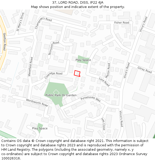 37, LORD ROAD, DISS, IP22 4JA: Location map and indicative extent of plot