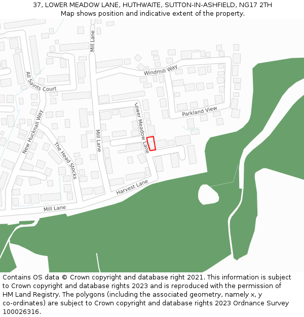 37, LOWER MEADOW LANE, HUTHWAITE, SUTTON-IN-ASHFIELD, NG17 2TH: Location map and indicative extent of plot