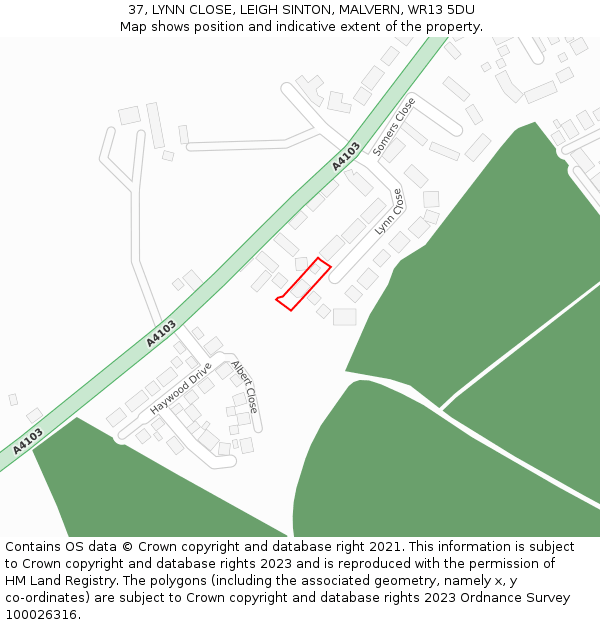 37, LYNN CLOSE, LEIGH SINTON, MALVERN, WR13 5DU: Location map and indicative extent of plot