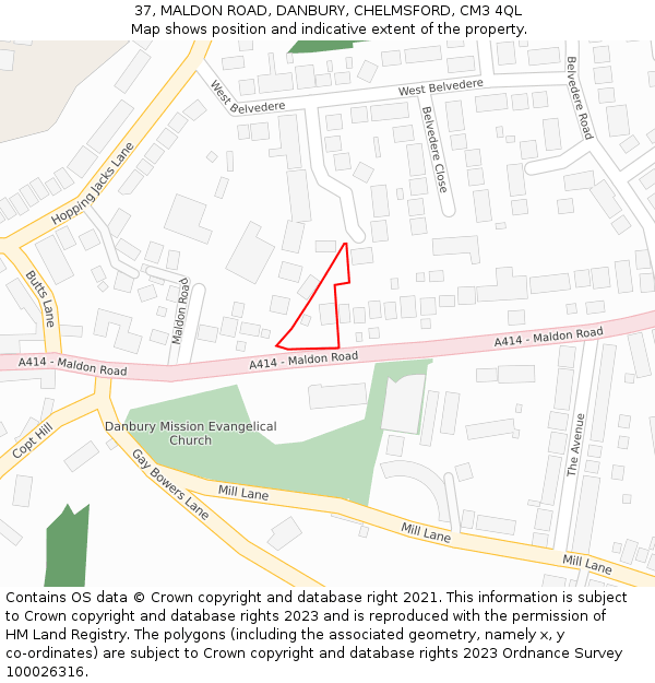 37, MALDON ROAD, DANBURY, CHELMSFORD, CM3 4QL: Location map and indicative extent of plot