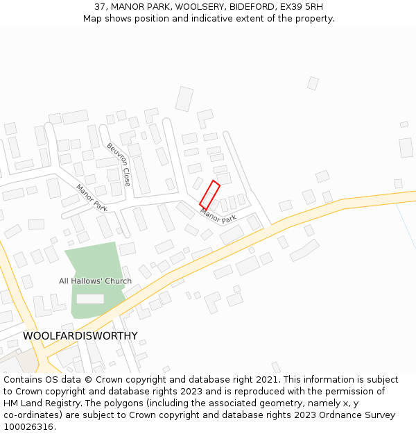 37, MANOR PARK, WOOLSERY, BIDEFORD, EX39 5RH: Location map and indicative extent of plot