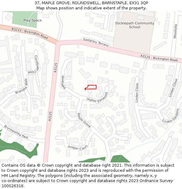 37, MAPLE GROVE, ROUNDSWELL, BARNSTAPLE, EX31 3QP: Location map and indicative extent of plot