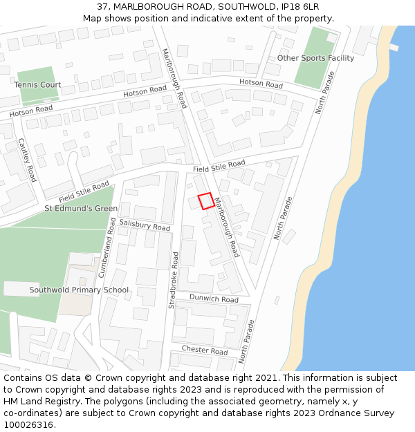 37, MARLBOROUGH ROAD, SOUTHWOLD, IP18 6LR: Location map and indicative extent of plot