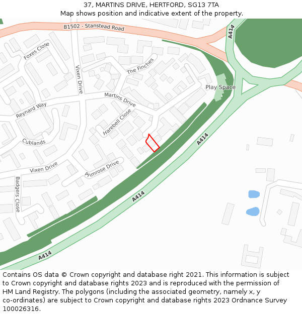 37, MARTINS DRIVE, HERTFORD, SG13 7TA: Location map and indicative extent of plot