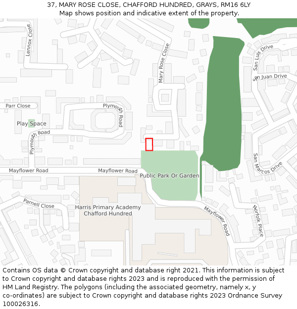 37, MARY ROSE CLOSE, CHAFFORD HUNDRED, GRAYS, RM16 6LY: Location map and indicative extent of plot