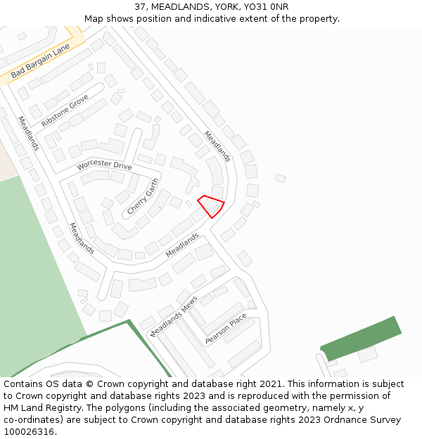 37, MEADLANDS, YORK, YO31 0NR: Location map and indicative extent of plot